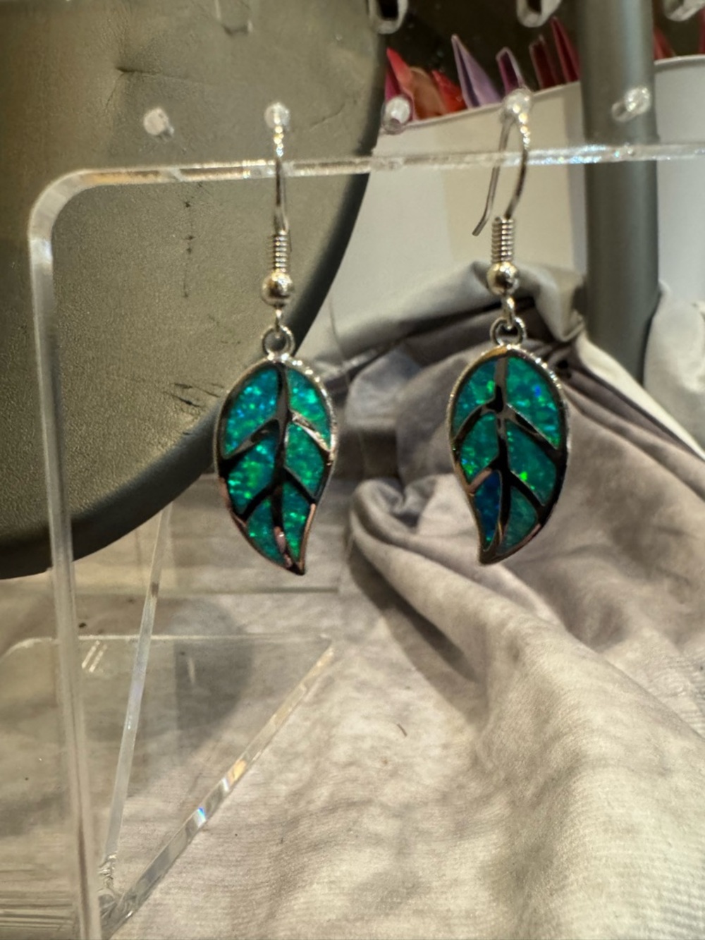 Sterling Silver Rhodium Created Blue Green ‎ Opal Leaf Drop Pierced Earrings -